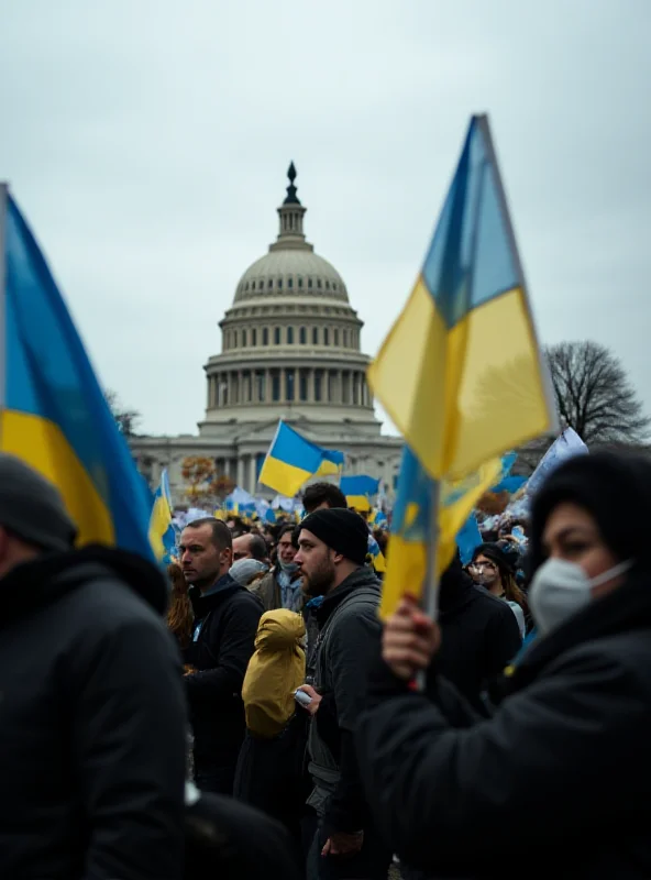 A wide shot of a protest in Washington D.C. with Ukrainian flags and signs supporting Ukraine.