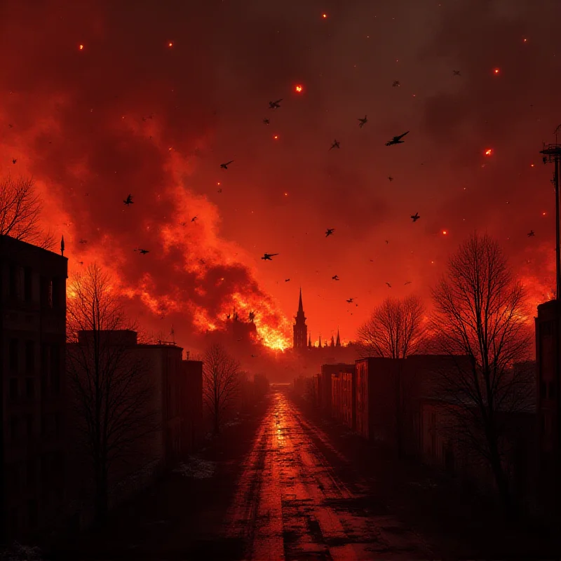 A digital illustration depicting a dark and ominous scene with bombs falling on a city, representing the potential consequences of reduced aid to Ukraine.