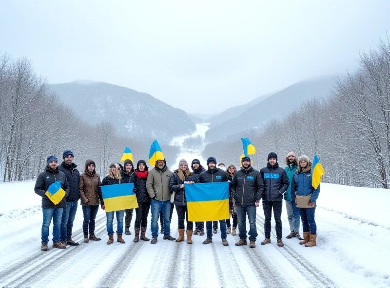 Protesters holding pro-Ukraine signs in a snowy Vermont landscape.