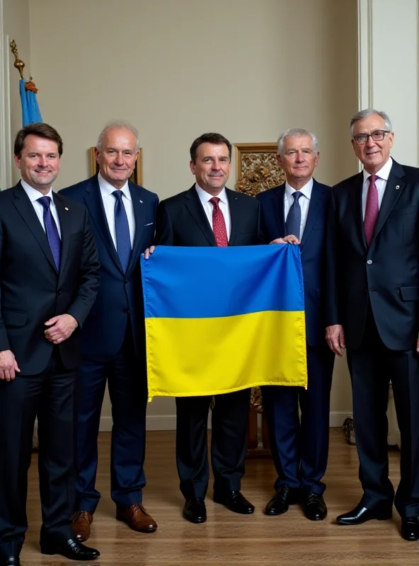 European leaders standing in solidarity with a Ukrainian flag.