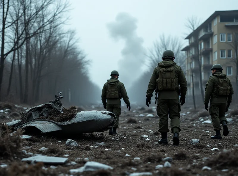 Military personnel inspecting debris of a downed drone in a war-torn urban environment in Ukraine.