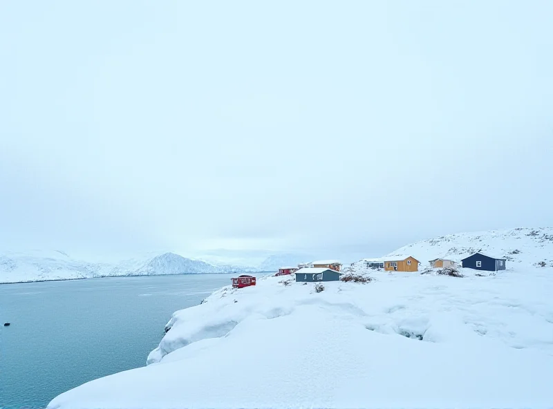 Panoramic view of a vast, icy landscape in Greenland, with colorful houses dotting the coastline.