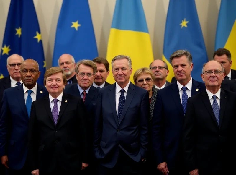 European leaders standing together in support of Ukraine, with Ukrainian flags visible.