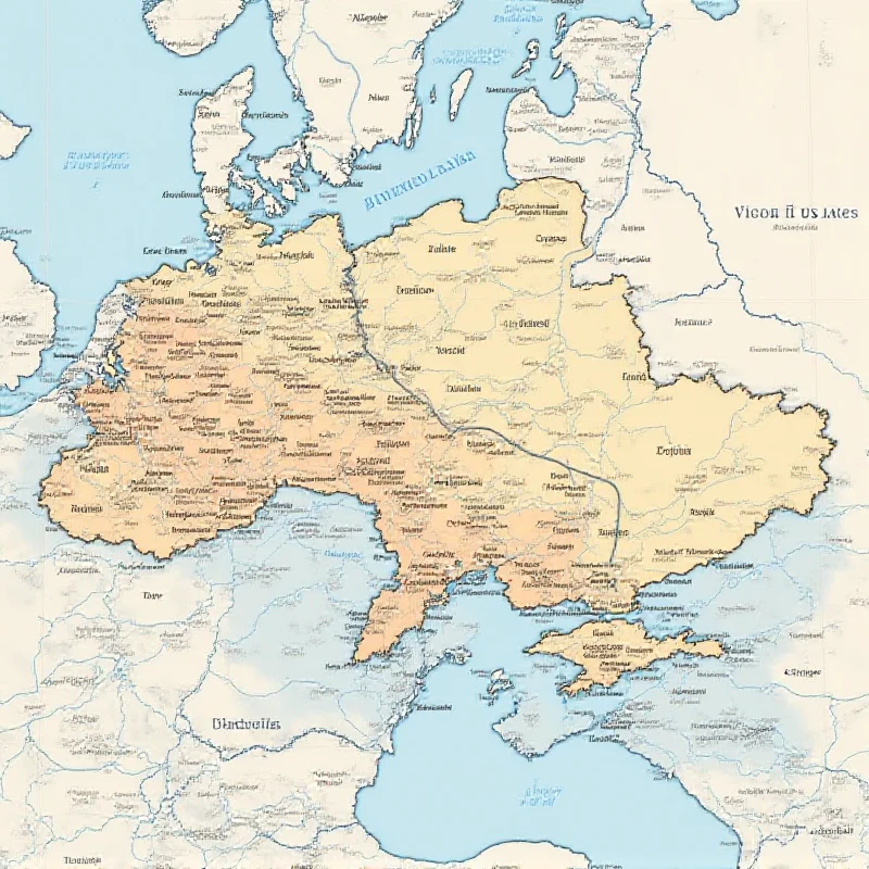 A map of Ukraine highlighting the conflict zones and key cities. The map is overlaid with political symbols representing the different countries involved.