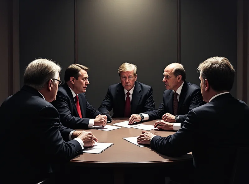 Illustration of European leaders sitting around a table in a dimly lit room, appearing serious and discussing matters privately.