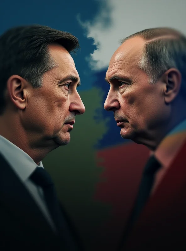 Split image of Volodymyr Zelenskyy and Vladimir Putin looking serious, with a dark cloud separating them.