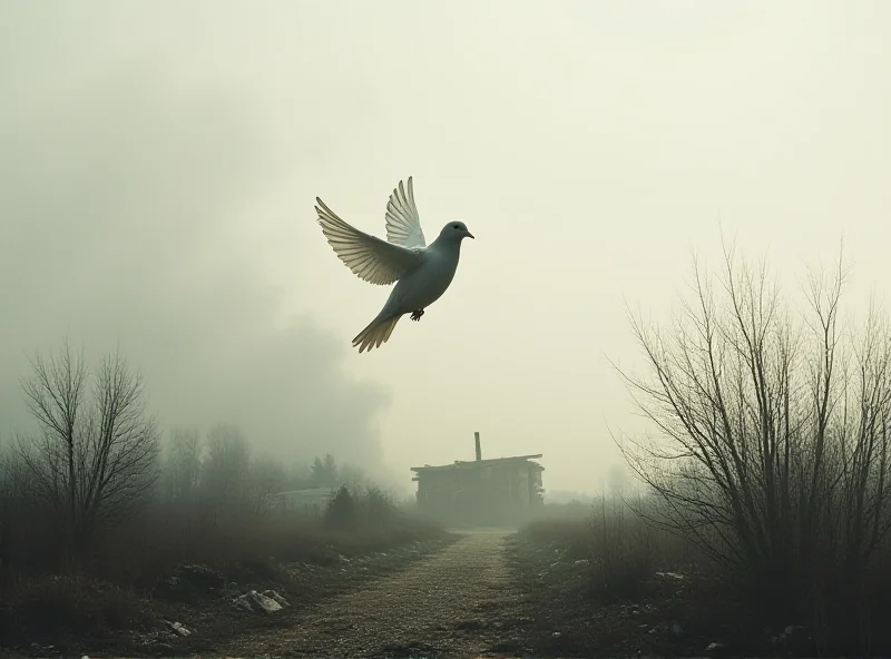 Conceptual image of a dove carrying an olive branch flying over a war-torn landscape, symbolizing the hope for peace in Ukraine.