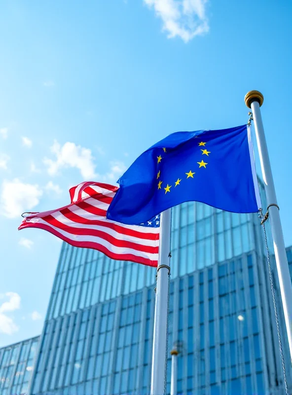 US and EU flags waving in front of a building