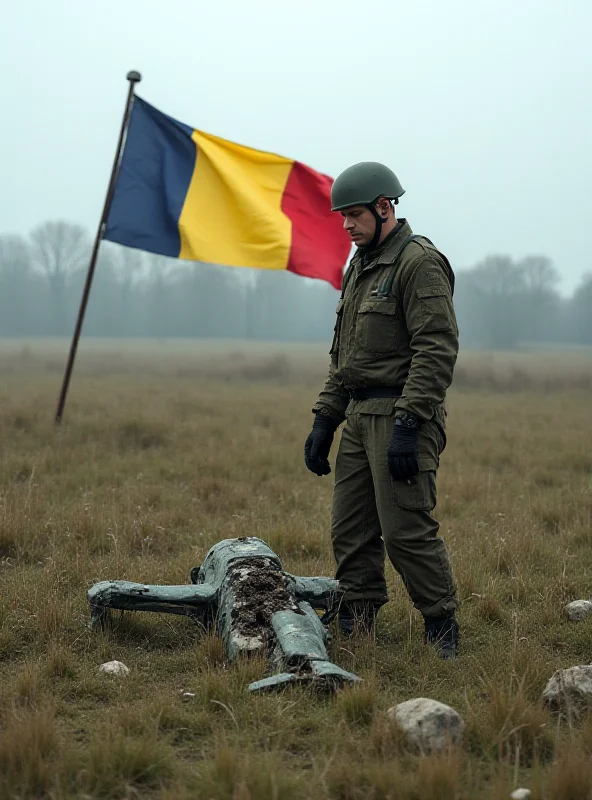 AI-generated image of a Romanian soldier inspecting drone wreckage in a field, with the Romanian flag visible in the background.