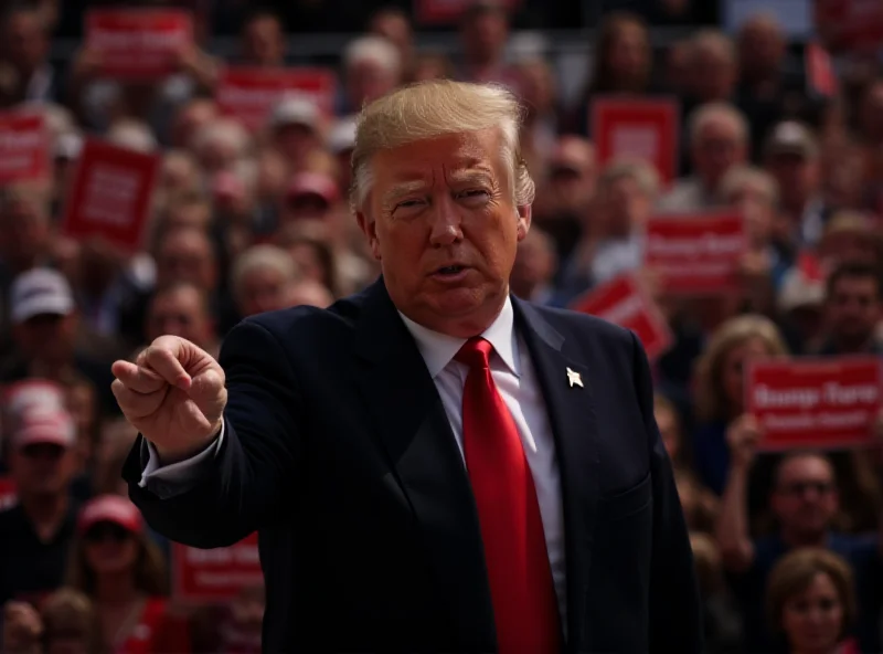 Donald Trump speaking at a rally with a serious expression.