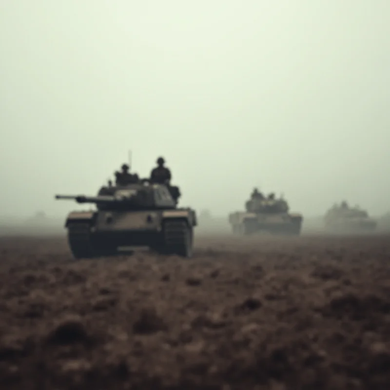 A blurred image of tanks moving on a battlefield.