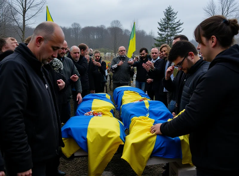 Image of a funeral in Kyiv with Ukrainian flags