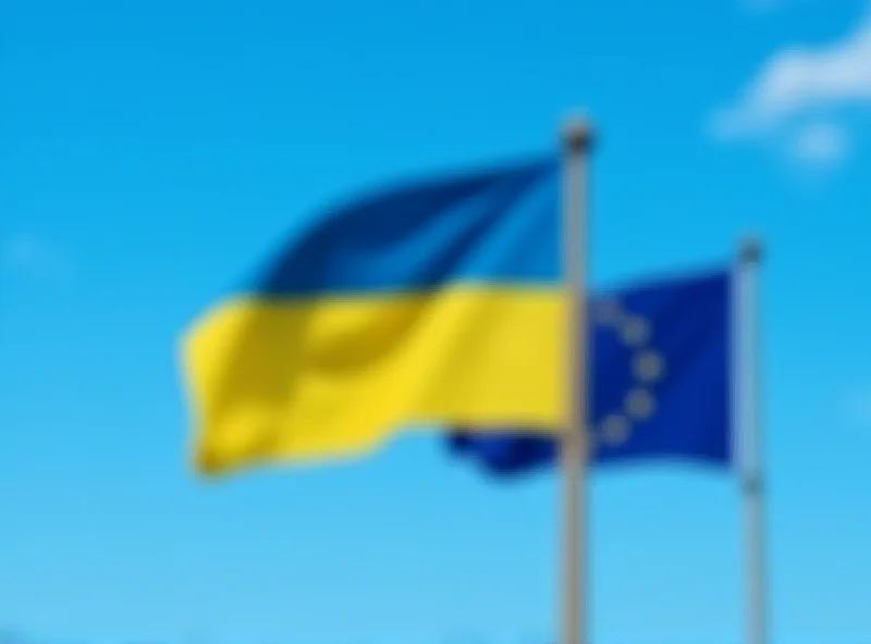 A Ukrainian flag waving in front of the European Union flag.