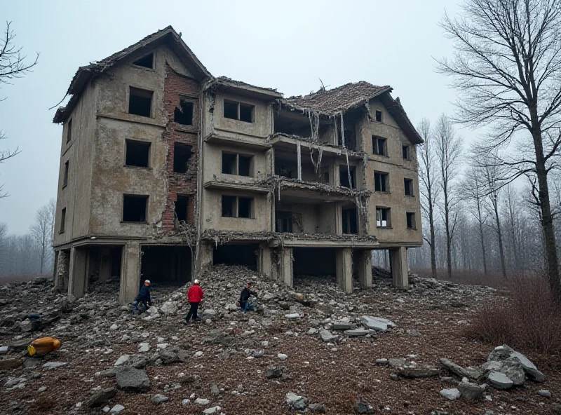 A destroyed hotel in Ukraine after a missile attack, with rescue workers searching through the rubble.