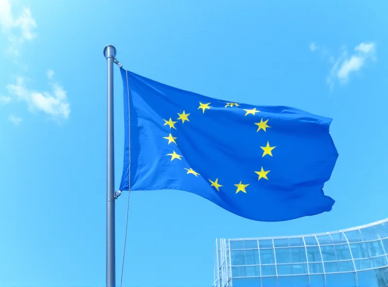 European Union flag waving in front of the EU headquarters building in Brussels.