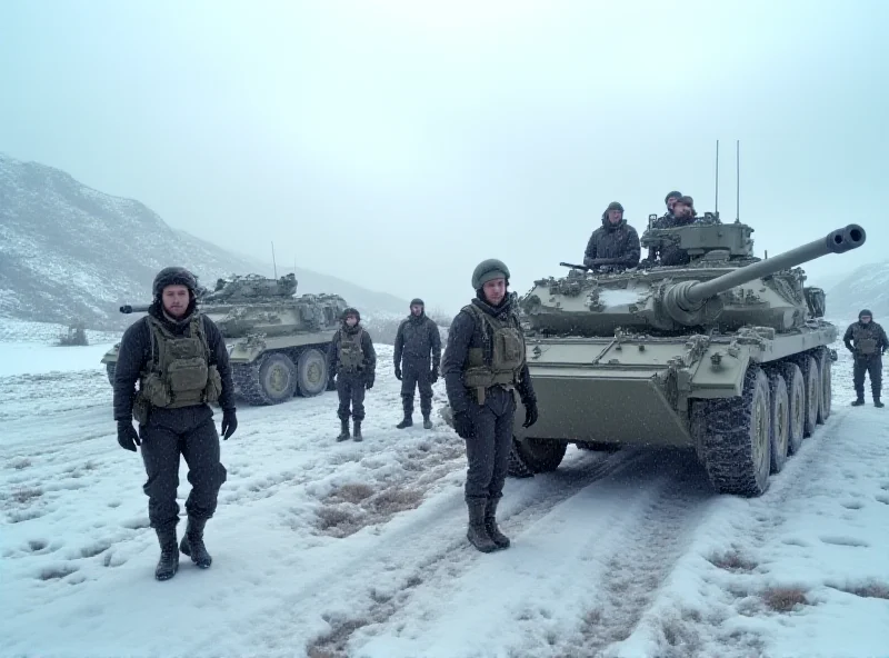 A modern military exercise featuring soldiers from Denmark and Norway working together in a snowy landscape.