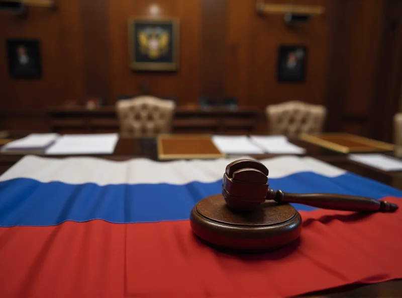 A gavel resting on a Russian flag in a courtroom setting.