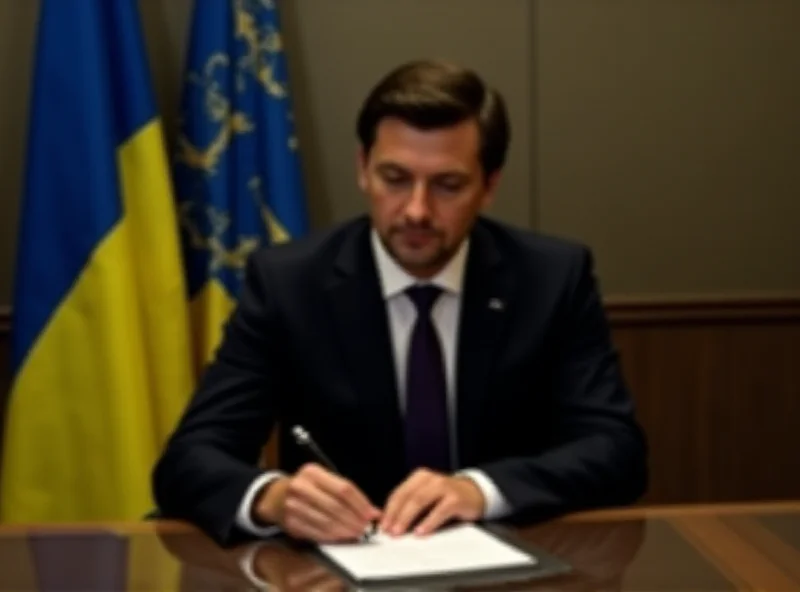 Volodymyr Zelenskyy signing a document at a formal table with flags in the background.