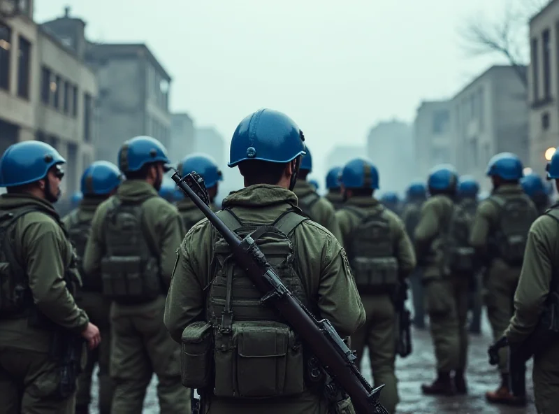 Peacekeepers standing guard in a war-torn city.