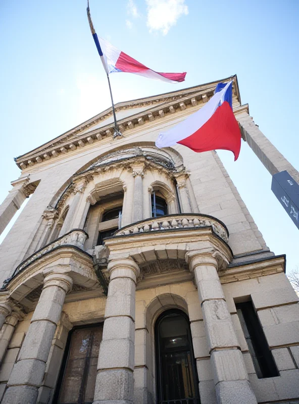 Exterior of a courthouse with Czech flag.