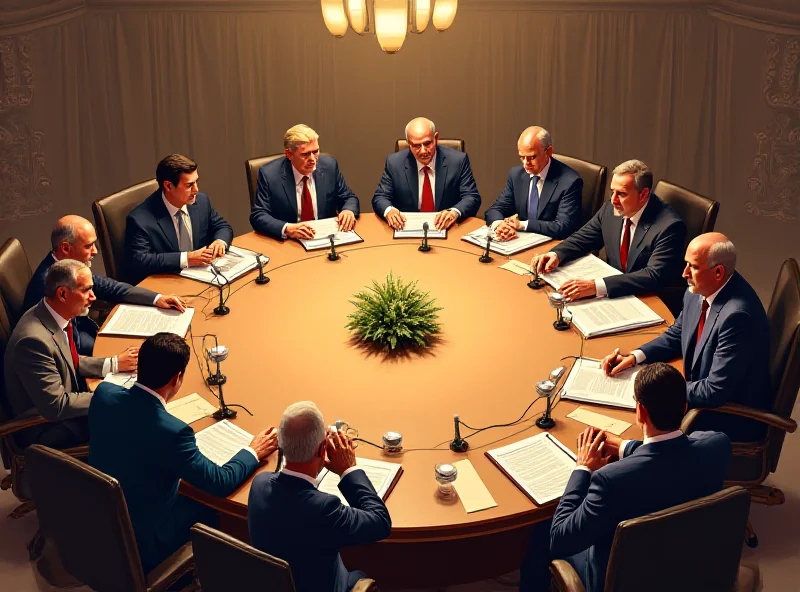 A stylized image of world leaders sitting around a table, engaged in peace negotiations