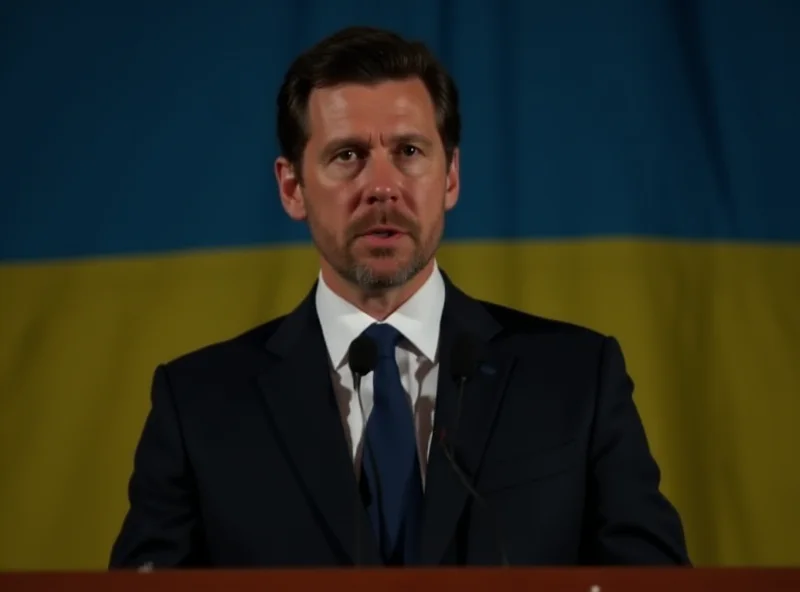 Volodymyr Zelensky giving a speech at a podium with the Ukrainian flag in the background