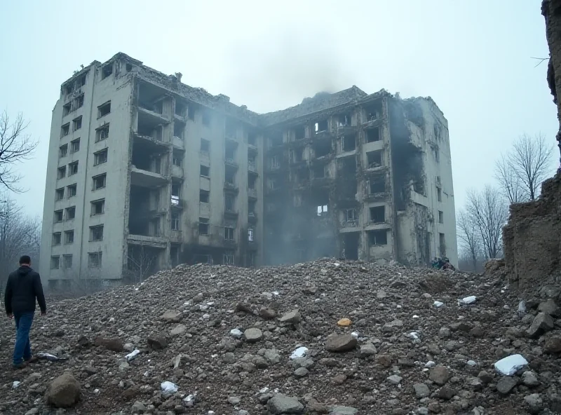 A damaged hotel building in Ukraine, with debris scattered around, following a missile strike.