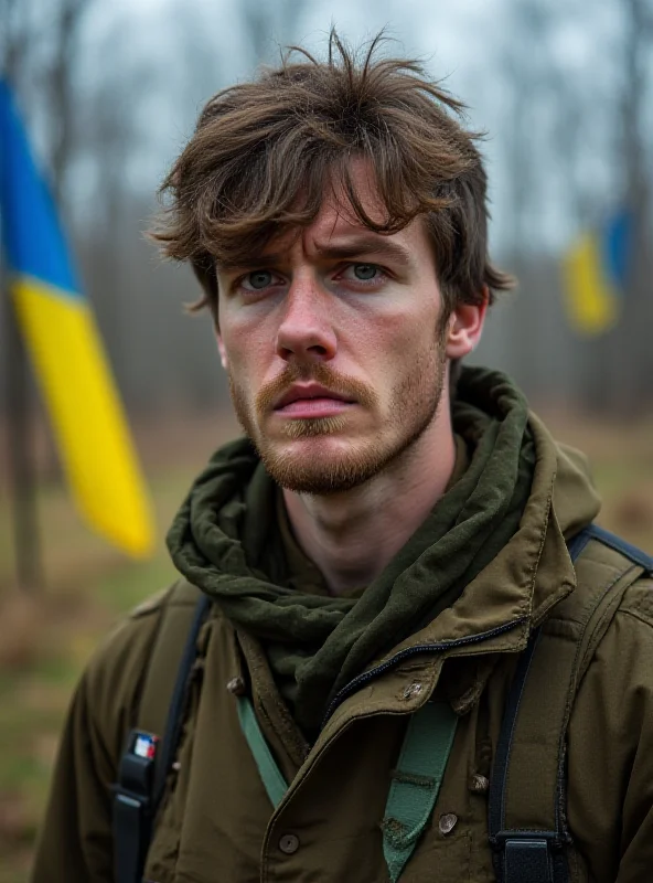 A young man in military fatigues standing in front of a Ukrainian flag, looking determined but also slightly worried.