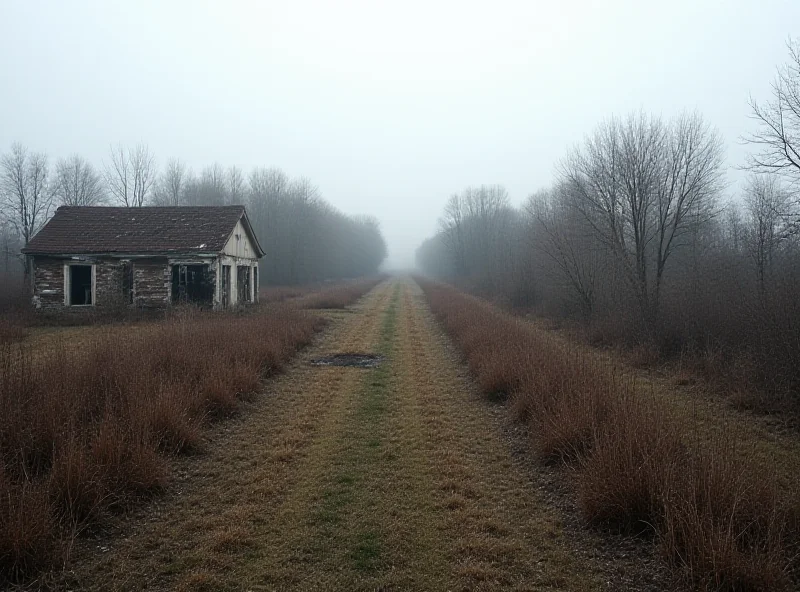 A desolate, war-torn landscape in northern Ukraine, depicting abandoned buildings and overgrown fields. A sense of emptiness and loss pervades the scene.