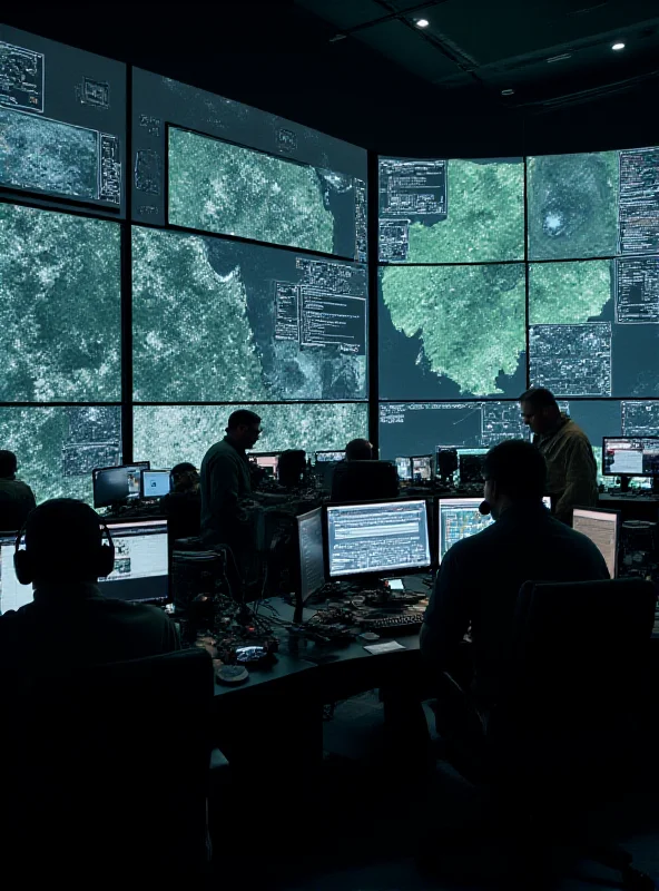 A high-tech command center with multiple screens displaying satellite imagery, data streams, and strategic maps of the Ukrainian conflict zone. Military personnel are actively monitoring the situation, symbolizing the importance of intelligence gathering.