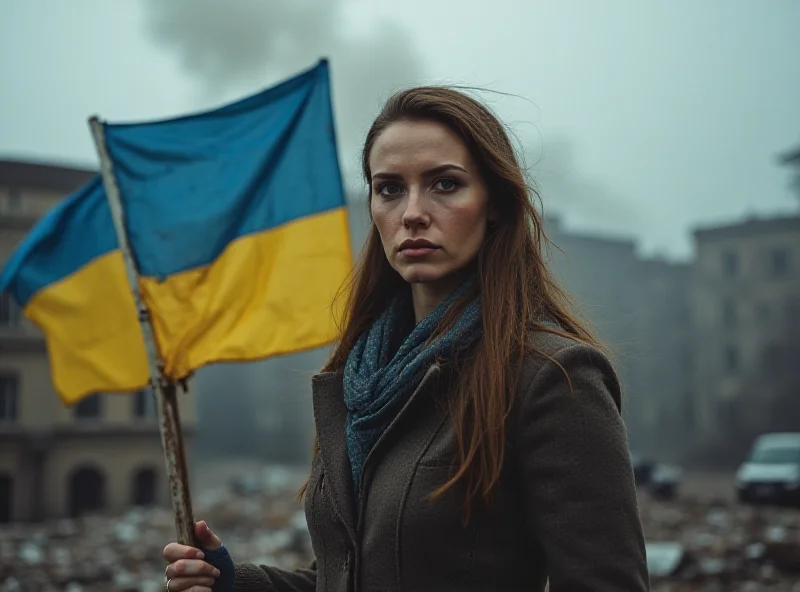 A determined Ukrainian woman stands in front of a damaged building, holding a Ukrainian flag. Smoke rises in the background.