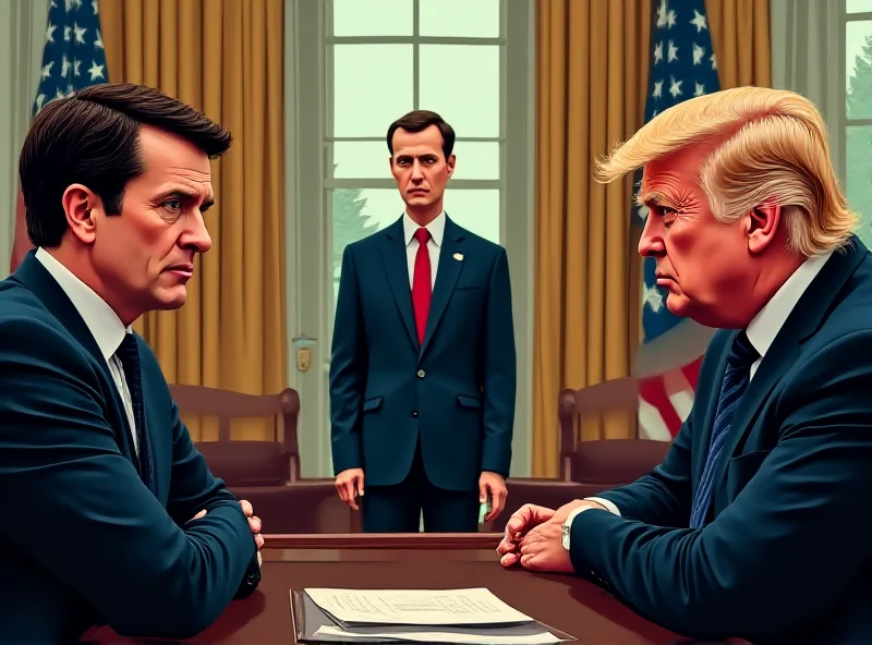 Illustration of a tense meeting between Zelensky and Trump in the Oval Office, with Macron observing.