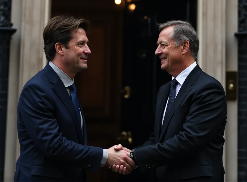 Keir Starmer and Volodymyr Zelensky shaking hands in Downing Street, with a sense of determination and hope.