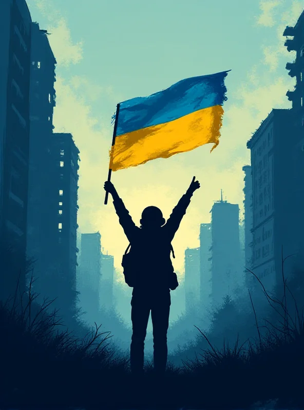 A stylized image representing the Ukrainian resistance movement, showing a silhouette of a person against a backdrop of the Ukrainian flag and urban ruins.