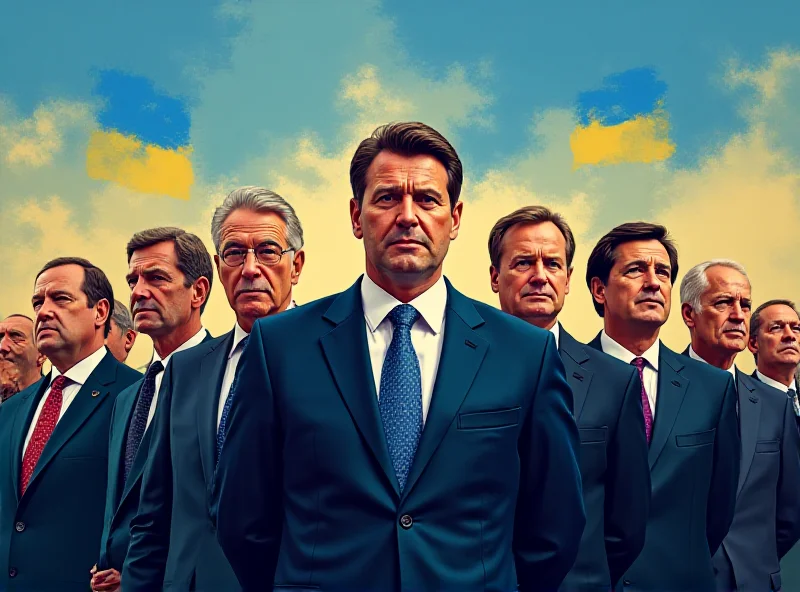 A digital illustration showing European leaders standing united behind Volodymyr Zelensky, symbolizing their support for Ukraine, with the European Union flag in the background.