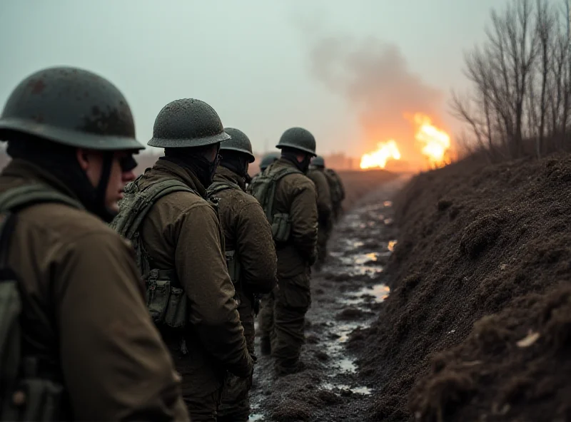 Ukrainian soldiers in trenches on the eastern front, looking determined and weary, with artillery fire visible in the distance.