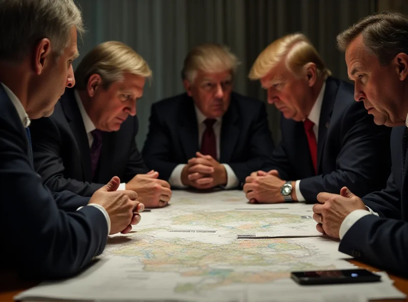 A group of international leaders gathered around a table, engaging in a serious discussion, with maps and documents spread out. The atmosphere is tense but hopeful, suggesting peace negotiations.