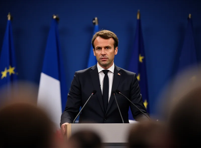 Emmanuel Macron standing at a podium, delivering a speech with a determined expression. The backdrop shows the French flag and a European Union flag, symbolizing his commitment to European unity and support for Ukraine.