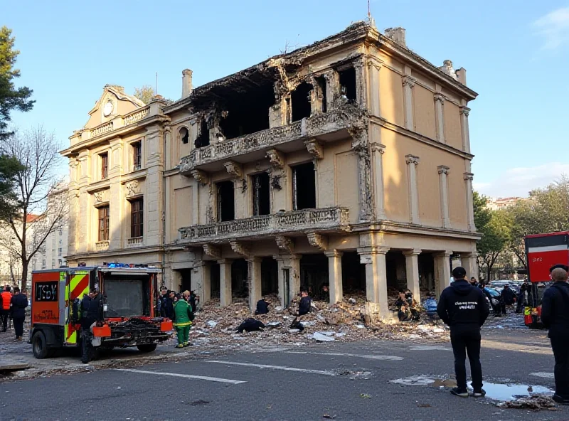 Depiction of a damaged Russian consulate building in Marseille, France after an explosion, with emergency services present.