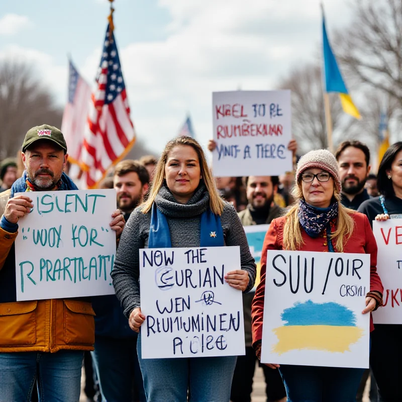 A group of diverse people holding signs advocating for humanitarian parole and support for Ukrainian immigrants, with the American flag in the background.