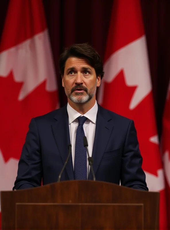 Image of Justin Trudeau speaking at a podium with Canadian flags in the background