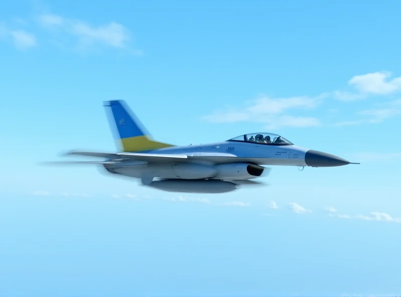 An F-16 fighter jet in flight with a Ukrainian flag superimposed on the wing.