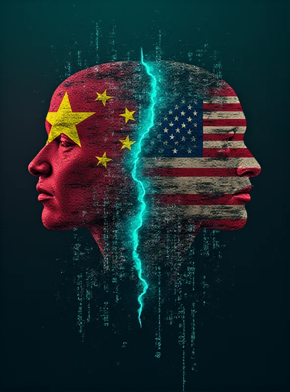 A stylized image representing artificial intelligence and cybersecurity with the flags of China and the United States in the background.