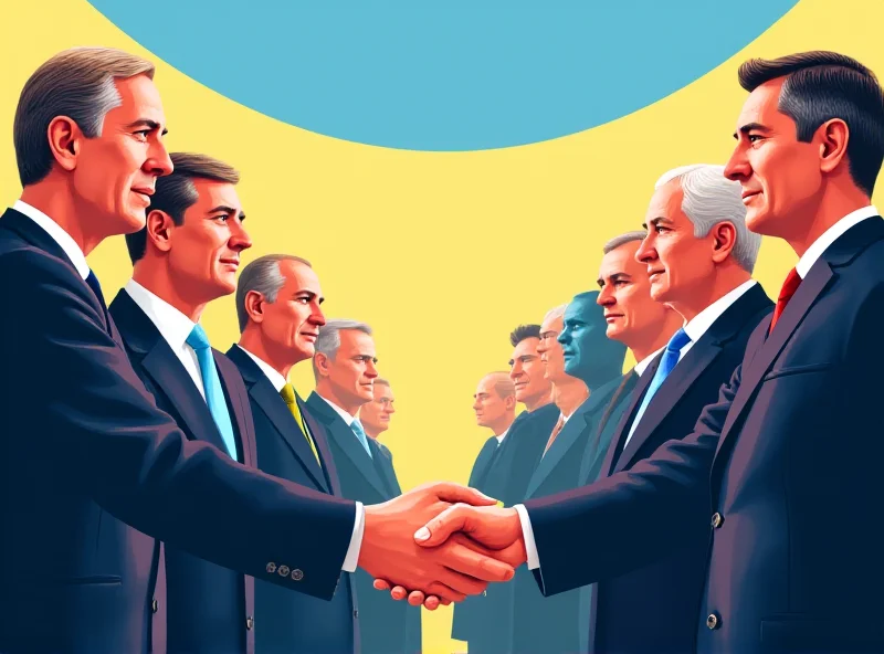 Illustration of world leaders shaking hands against a backdrop of Ukrainian and other national flags, symbolizing a coalition of nations supporting Ukraine.