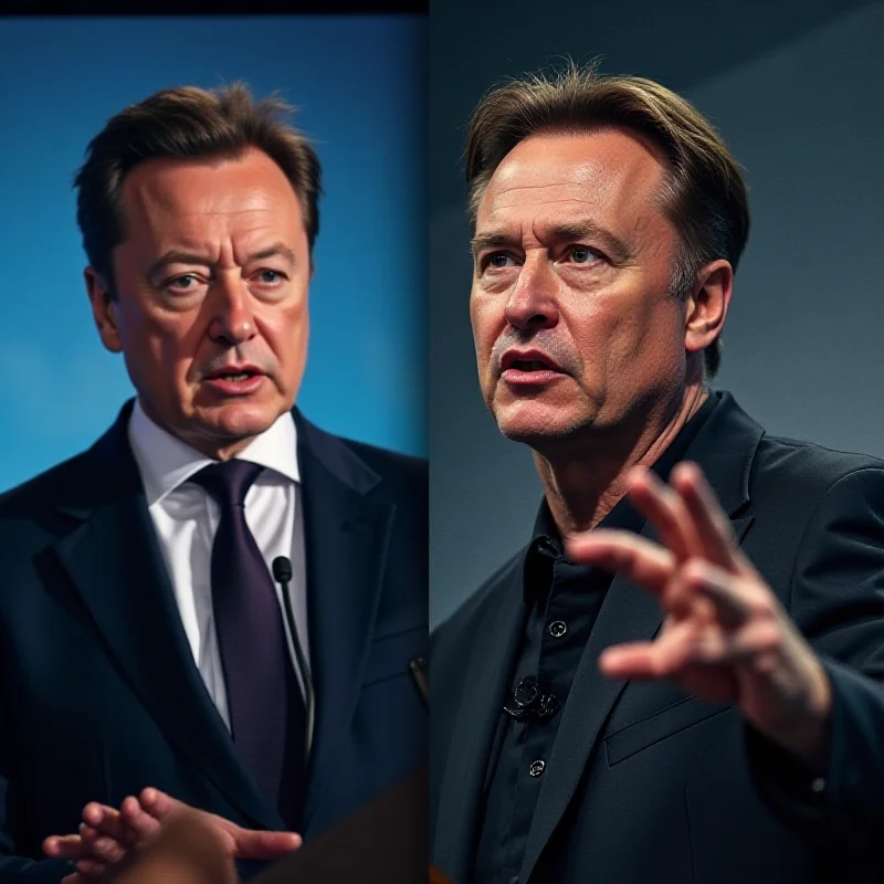 A split image contrasting a determined Volodymyr Zelenskyy giving a speech with a concerned-looking Elon Musk observing on a screen. The image highlights the tension and opposing viewpoints between the two figures.