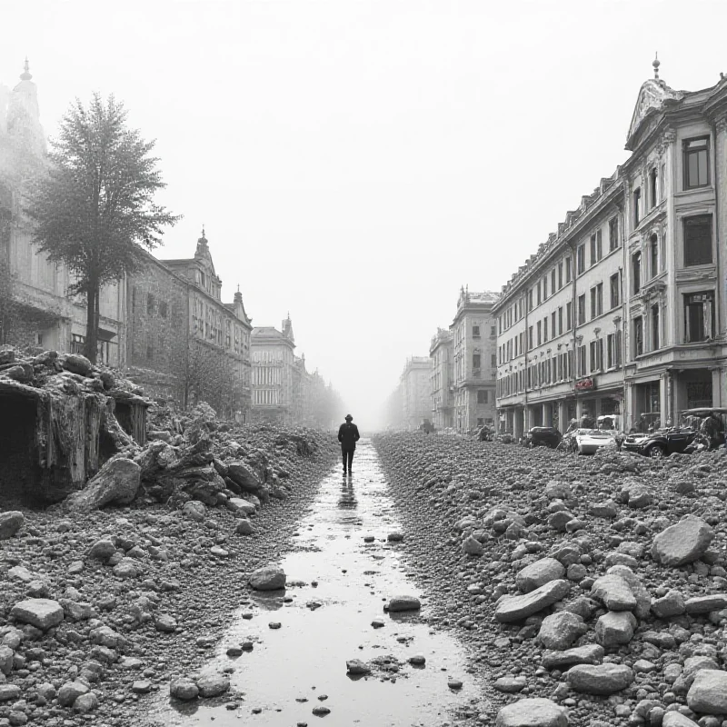 A black and white photo montage showing scenes from World War II transitioning into modern day scenes of peace and prosperity in Europe