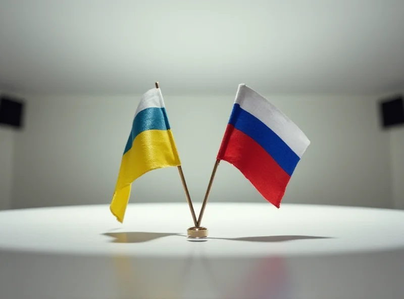 Negotiation table with Ukrainian and Russian flags, representing potential peace talks.