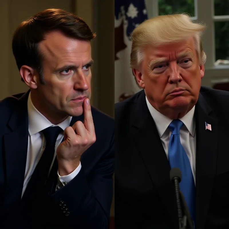 A split image showing Emmanuel Macron on one side and a historical photo of Donald Trump in the Oval Office on the other, representing the contrasting views on Ukraine.