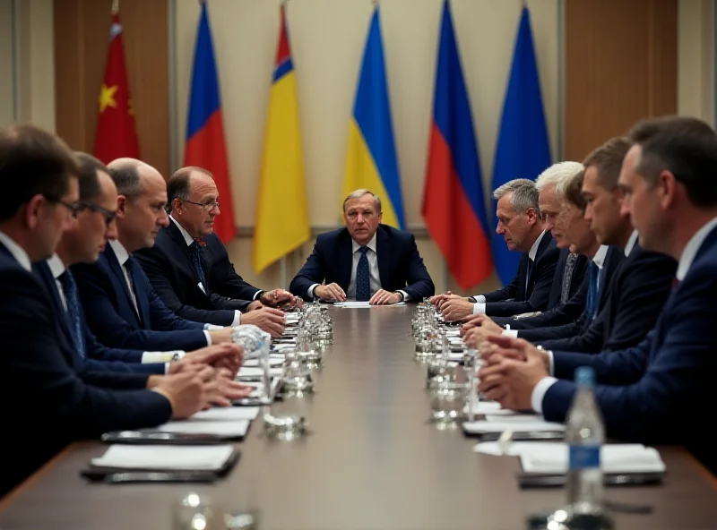 European leaders at a summit table, discussing Ukraine, with flags of European nations in the background