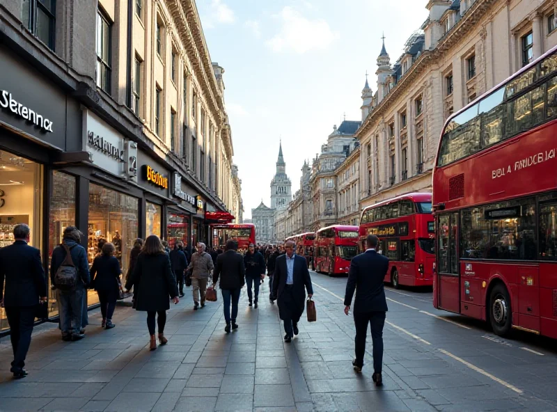 A bustling Oxford Street in London, filled with pedestrians and shoppers, with iconic red buses in the background, digitally altered to remove most of the traffic